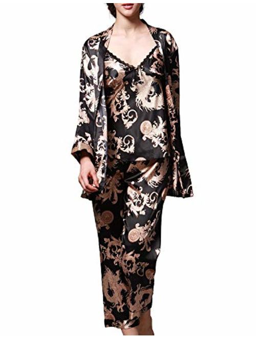 Romanstii Silk Satin Pajamas Sleepwear Set Sexy Cami PJ Nightwear 3 Pieces