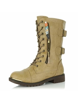 DailyShoes Women's Military Lace Up Buckle Combat Boots Mid Knee High Exclusive Credit Card Pocket Metal Front Bootie Shoes