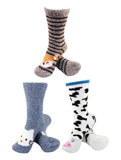 BambooMN Super Soft Warm Cute Animal Face Non-Slip Fuzzy Crew Winter Home Socks, Value Pack