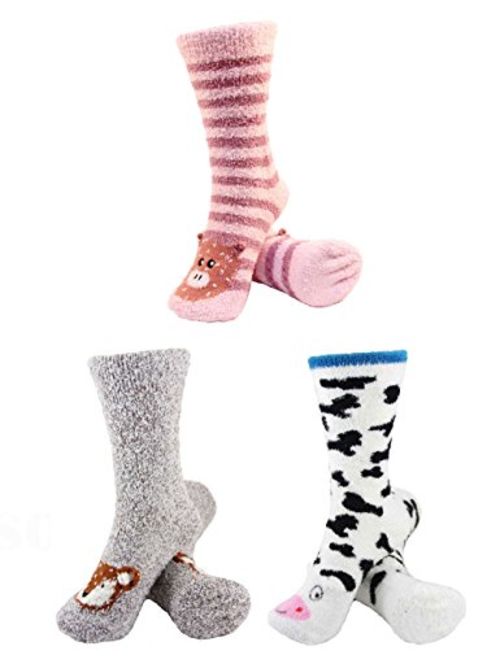 BambooMN Super Soft Warm Cute Animal Face Non-Slip Fuzzy Crew Winter Home Socks, Value Pack