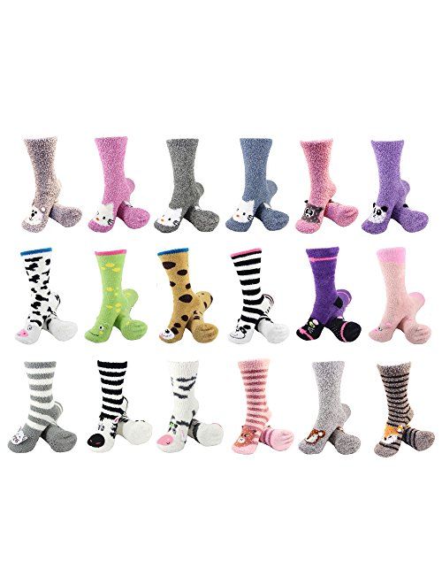 BambooMN Super Soft Warm Cute Animal Face Non-Slip Fuzzy Crew Winter Home Socks, Value Pack