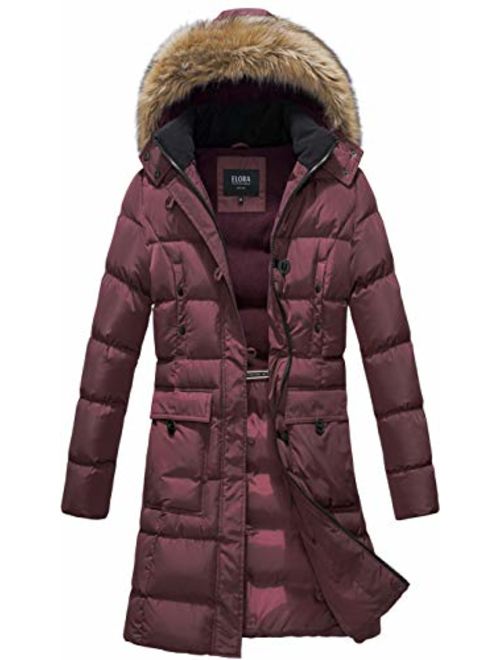 ELORA Women's Winter Puffer Mid Length Cargo Pocket Coat Fur Trim Removable Hood