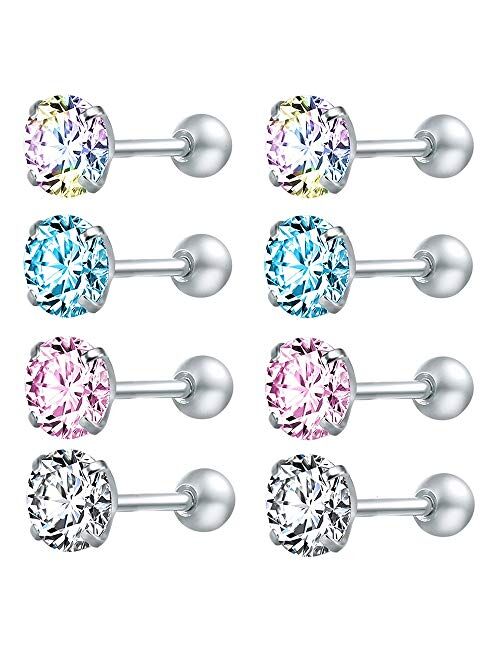 ZS 4 Pairs Shiny Cubic Zirconia Surgical Steel Stud Earrings Tragus Helix Conch Piercing Cartilage Sets