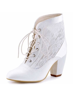 ElegantPark Women Closed Toe Chunky Heel Lace Up Satin Lace Wedding Bridal Boots