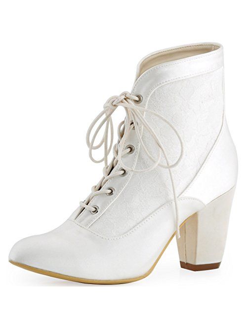 ElegantPark Women Closed Toe Chunky Heel Lace Up Satin Lace Wedding Bridal Boots