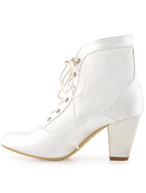 ElegantPark Women Closed Toe Chunky Heel Lace Up Satin Lace Wedding Bridal Boots