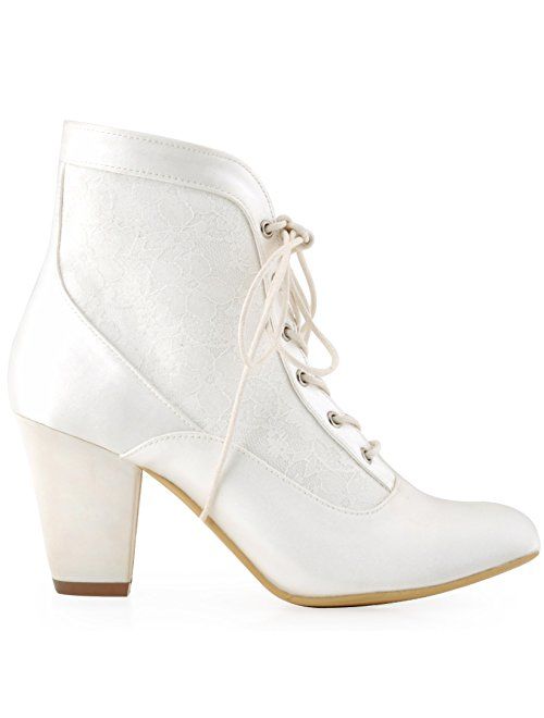 ElegantPark Women Closed Toe Chunky Heel Lace Up Satin Lace Wedding Bridal Boots