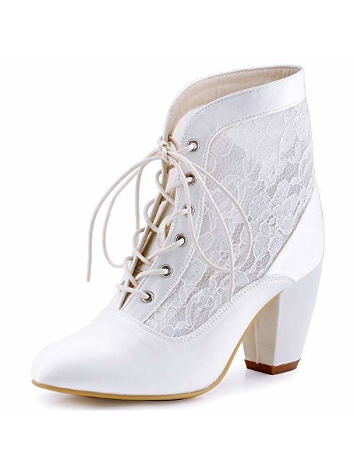 ElegantPark Women Closed Toe Chunky Heel Lace Up Satin Lace Wedding Bridal Boots