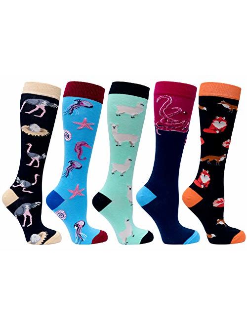 Socks n Socks-Women 5-Pairs Luxury Cotton Colorful Cool Fun Knee high Socks