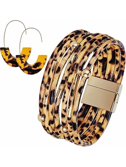 Hicarer Leopard Bracelets Leopard Tube Bracelet Multilayer Leather Cuff Bracelet and Boho Leopard Earrings for Women Girls