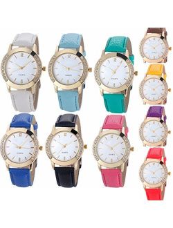 Yunanwa 10 Pack Wholesale Women Watches Leather Rhinestone Inlaid Quartz Jelly Dress Wristwatch (10pcs-Leather Brand)