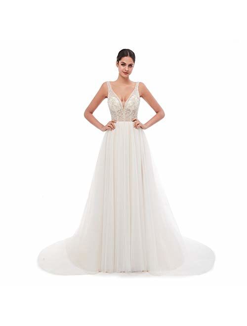 Leyidress Wedding Dress Bridal Gowns Bead Ivroy A Line Dress For Women Wedding