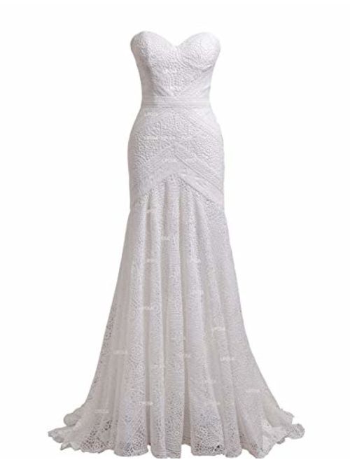 Women's Bohemian Wedding Dresses with Detachable Arm Bands Sweetheart Mermaid Lace Bridal Gown