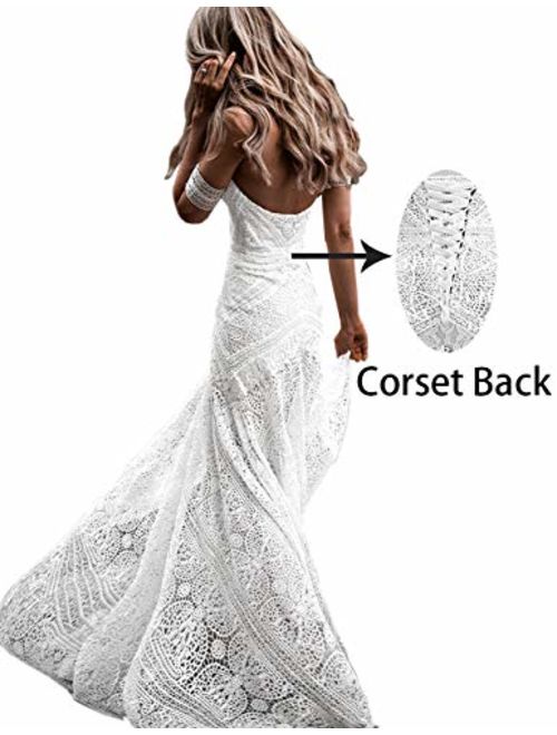 Women's Bohemian Wedding Dresses with Detachable Arm Bands Sweetheart Mermaid Lace Bridal Gown