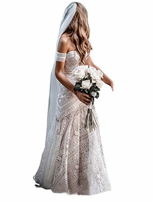 Women's Bohemian Wedding Dresses with Detachable Arm Bands Sweetheart Mermaid Lace Bridal Gown