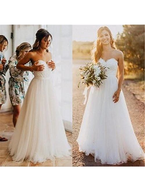 Lace Wedding Dress Sweetheart A-line Long Tulle Country Style Bridal Gowns