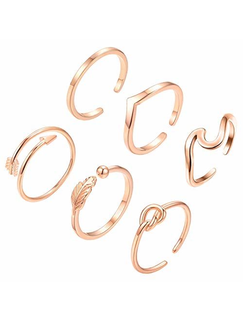 FUNEIA 6PCS Arrow Knot Wave Rings for Women Adjustable Stackable Thumb Open Rings Set