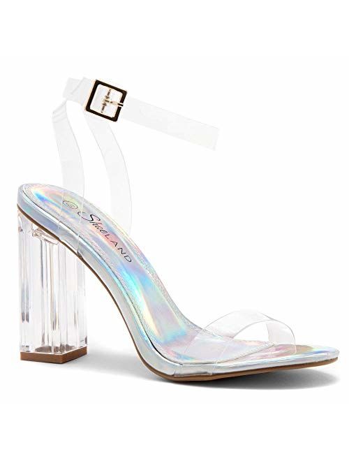 Shoe Land SL-CLLAARY Perpex Heel Ankle Strap Adjustable Buckle Lucite Clear Block Chunky High Heel Open Toe Sandal