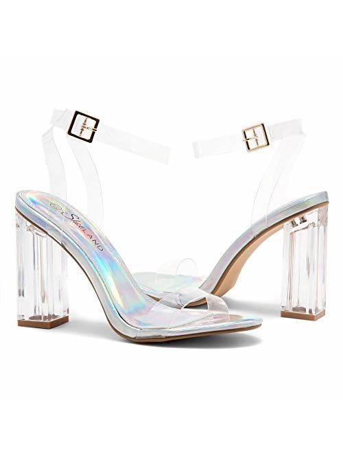 Shoe Land SL-CLLAARY Perpex Heel Ankle Strap Adjustable Buckle Lucite Clear Block Chunky High Heel Open Toe Sandal