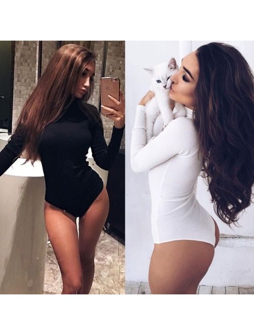 Women Fashion Turtleneck Long Sleeve Jumpsuit Bodysuit Bodycon Rompers White/Black