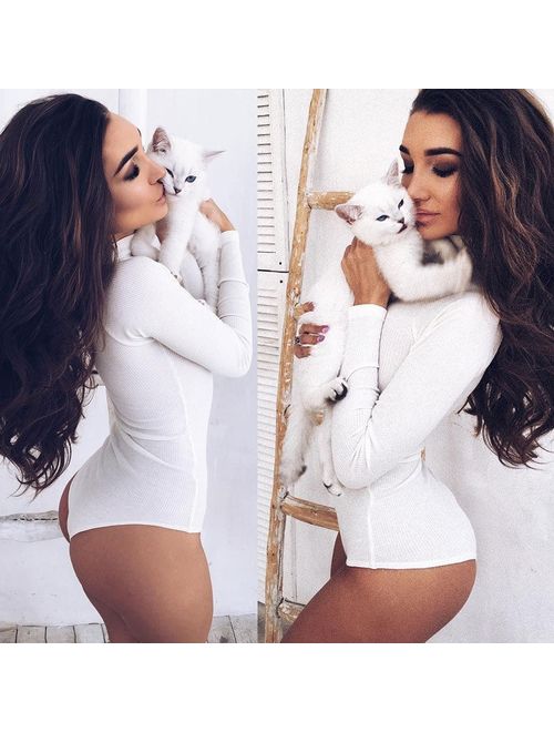 Women Fashion Turtleneck Long Sleeve Jumpsuit Bodysuit Bodycon Rompers White/Black