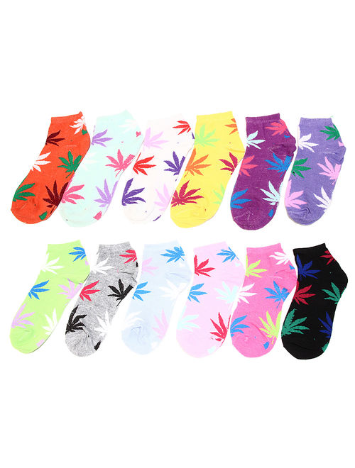 12 Pairs Assorted Colors Women's Ankle Socks Size 9-11 Marijuana Leaf