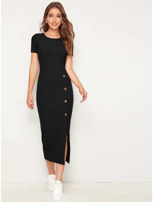 Shein Button Detail Split Hem Rib-knit Dress