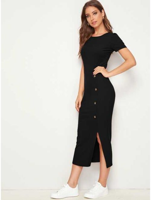 Shein Button Detail Split Hem Rib-knit Dress