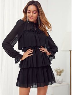 Tie Neck Ruffle Trim Layered Dress