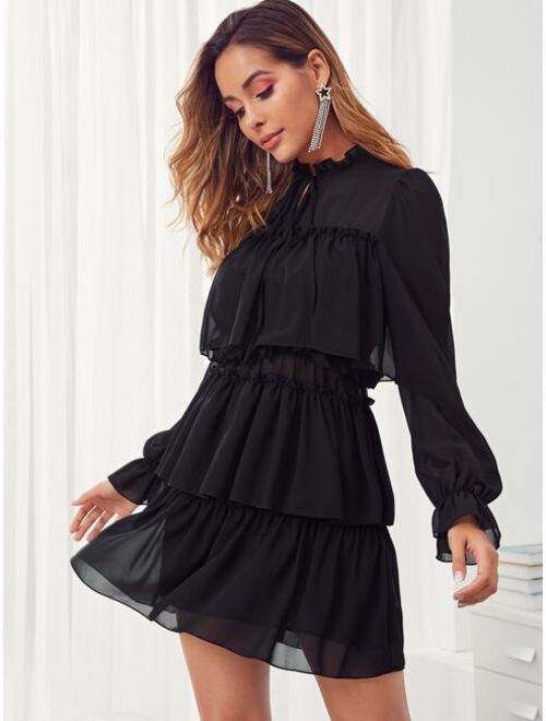 Shein Tie Neck Ruffle Trim Layered Dress