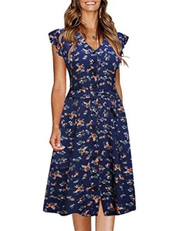 MITILLY Women's Summer Boho Polka Dot Sleeveless V Neck Swing Midi Dress with Pockets