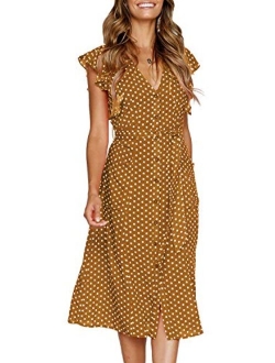 MITILLY Women's Summer Boho Polka Dot Sleeveless V Neck Swing Midi Dress with Pockets