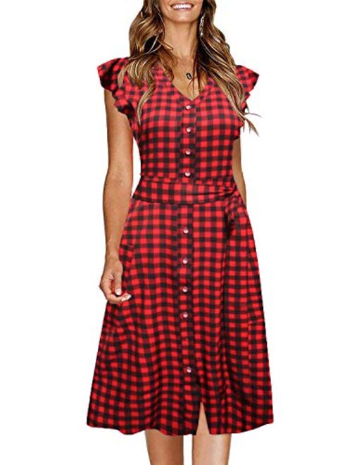 MITILLY Women's Summer Boho Polka Dot Sleeveless V Neck Swing Midi Dress with Pockets