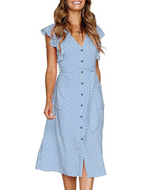 MITILLY Women's Summer Boho Polka Dot Sleeveless V Neck Swing Midi Dress with Pockets