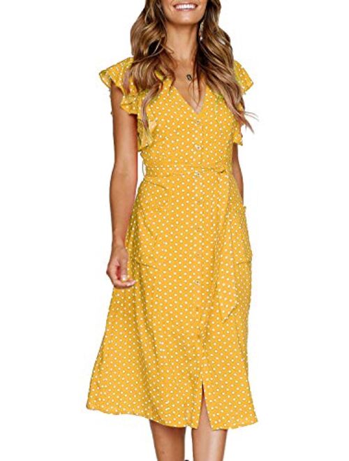 MITILLY Women's Summer Boho Polka Dot Sleeveless V Neck Swing Midi Dress with Pockets