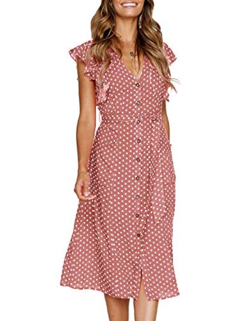 MITILLY Women's Summer Boho Polka Dot Sleeveless V Neck Swing Midi Dress with Pockets