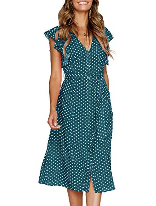 MITILLY Women's Summer Boho Polka Dot Sleeveless V Neck Swing Midi Dress with Pockets