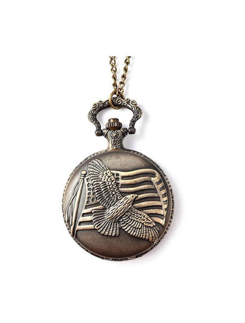 STRADA Japanese Movement Water Resistant Eagle Spread Wings Pattern Pocket Watch in Brasstone With Iron Chain