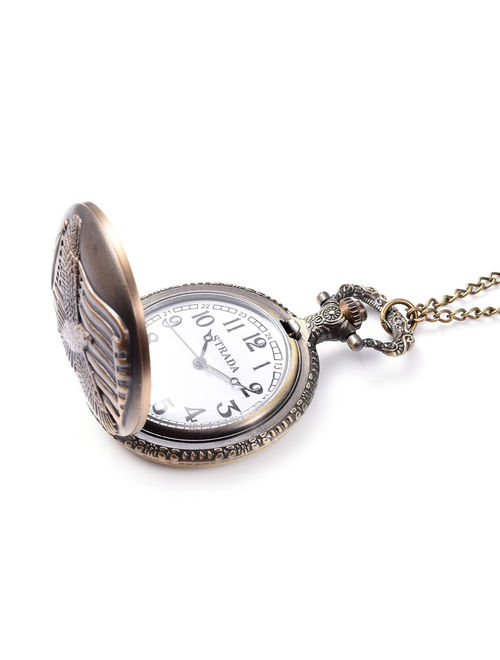 STRADA Japanese Movement Water Resistant Eagle Spread Wings Pattern Pocket Watch in Brasstone With Iron Chain