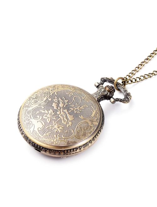 STRADA Japanese Movement Water Resistant Eagle Spread Wings Pattern Pocket Watch in Brasstone With Iron Chain