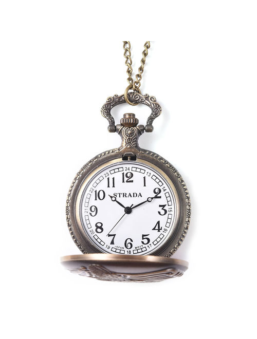 STRADA Japanese Movement Water Resistant Eagle Spread Wings Pattern Pocket Watch in Brasstone With Iron Chain