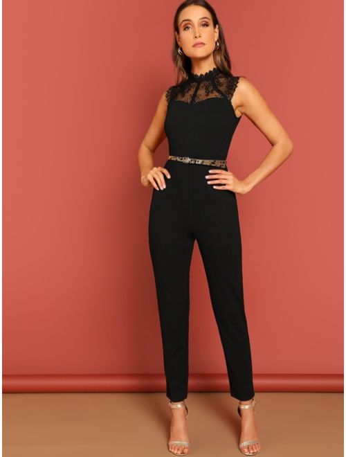 Shein Zip Back Contrast Lace Sleeveless Jumpsuit