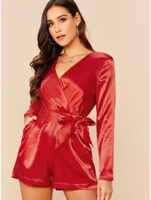 Buy Shein Surplice Neck Slant Pocket Self Belted Satin Romper Online Topofstyle 5570