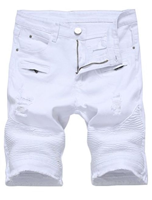 Lavnis Men's Casual Denim Shorts Classic Fit Ripped Distressed Summer Jeans Shorts White 34