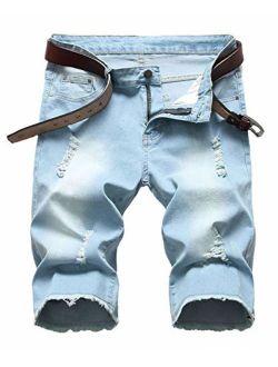 Enrica Men's Ripped Distressed Slim Fit Holes Denim Shorts, Z-light Blue, 32