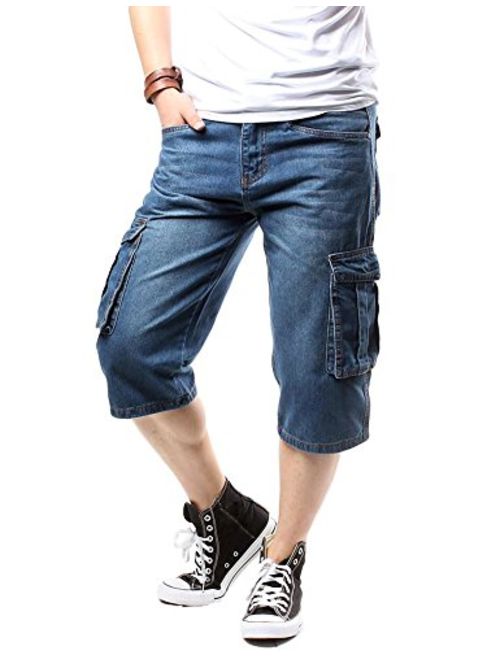 Idopy Men`s Motorcycle Loose Fit Cropped Work Jeans Denim Cargo Shorts