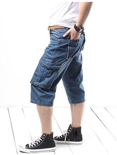 Idopy Men`s Motorcycle Loose Fit Cropped Work Jeans Denim Cargo Shorts