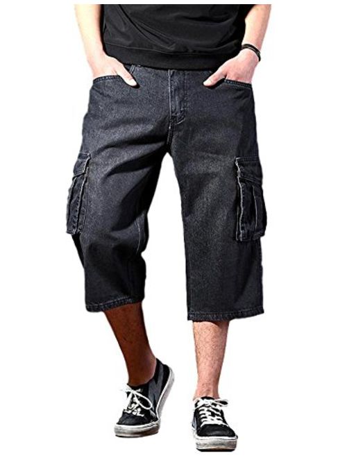 Idopy Men`s Motorcycle Loose Fit Cropped Work Jeans Denim Cargo Shorts