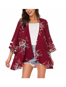 Women Mesh Panel 3/4 Bell Sleeve Floral Chiffon Casual Loose Kimono Cardigan Capes