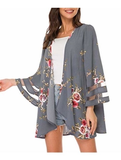 Women Mesh Panel 3/4 Bell Sleeve Floral Chiffon Casual Loose Kimono Cardigan Capes